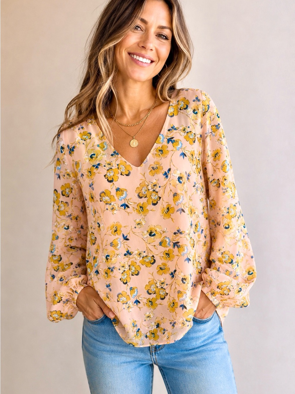 Mittoshop V-Neck Long Sleeve Floral Blouse With Sheer Balloon Sleeves, Size Med